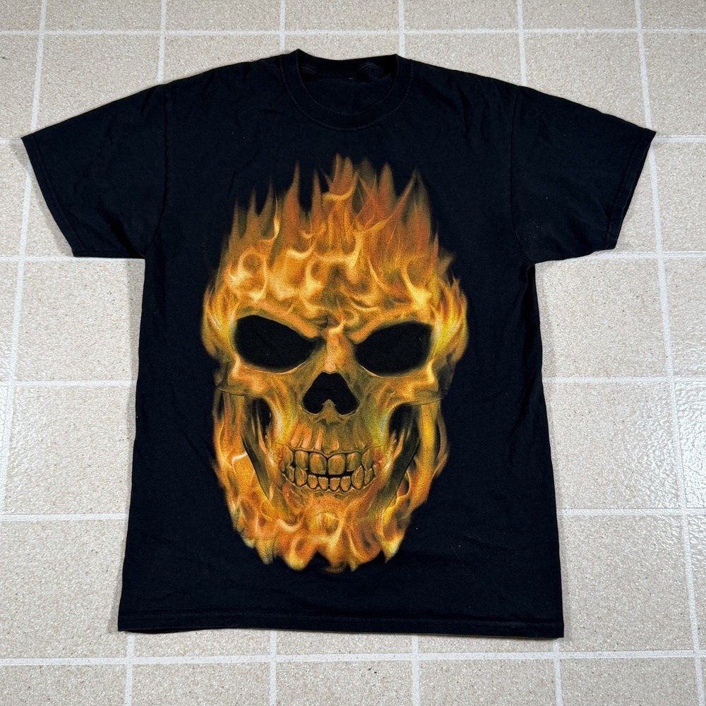 Vintage y2k Flames Skull Shirt Men Med Black Fire Graphic Tee Gothic Biker 90s